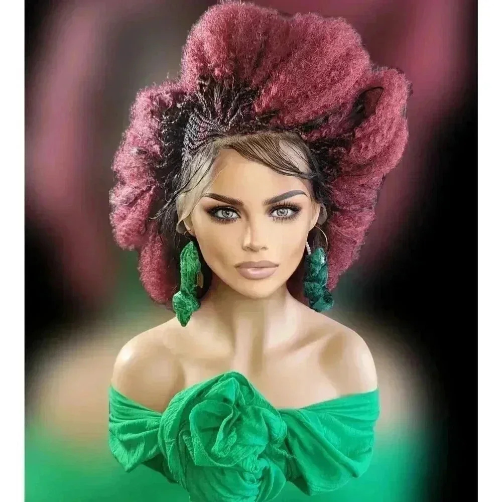 "Braided Wigs - 100% Handcrafted, Short Afro Style, Vibrant Red Color, NWT